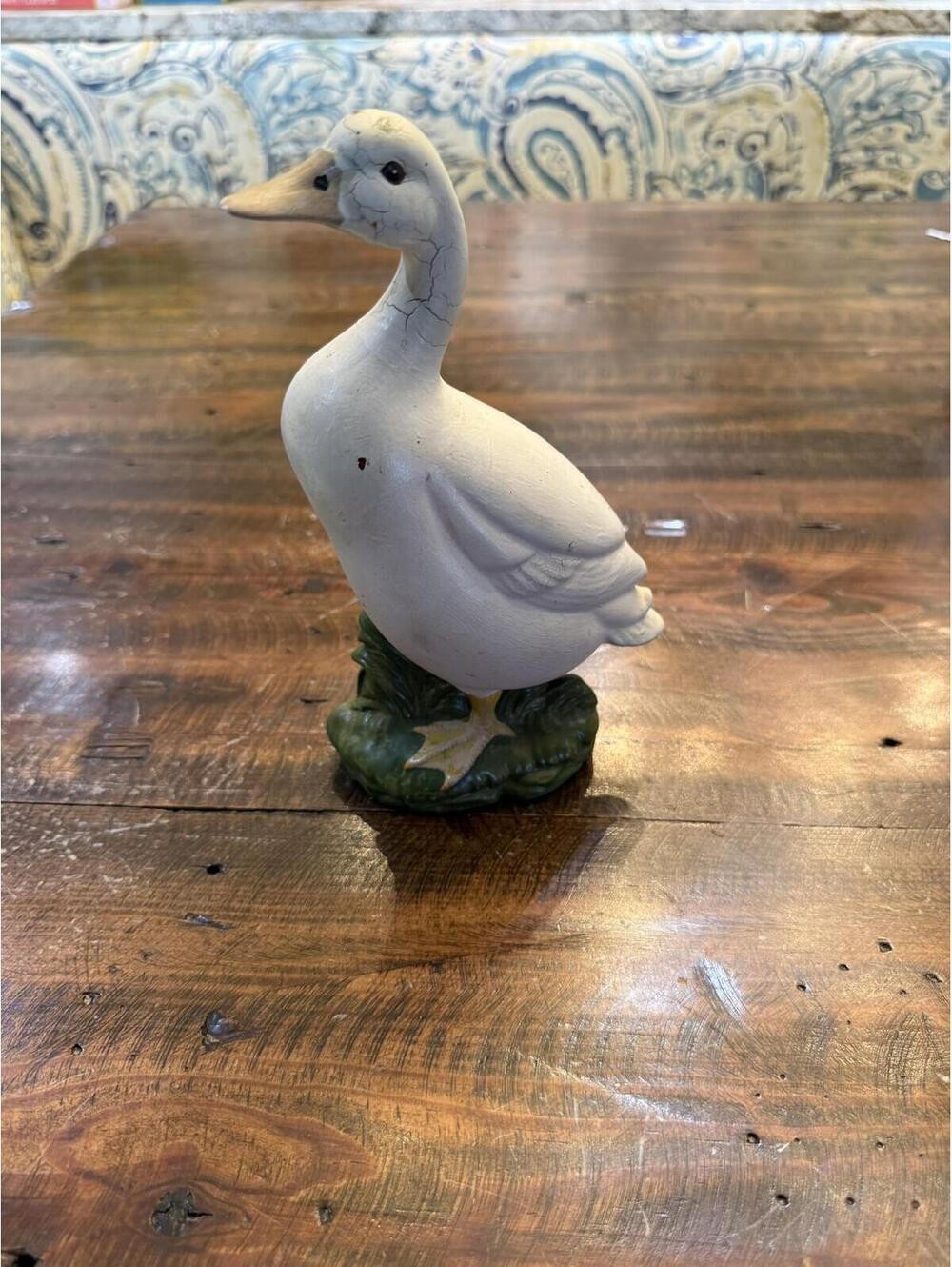 Ceramic Duck Figurine Hand-Painted White with Green Base
